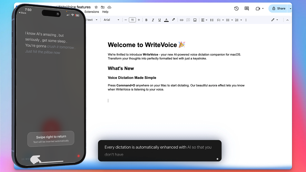Dictating into Google Docs with WriteVoice on iPhone and Mac
