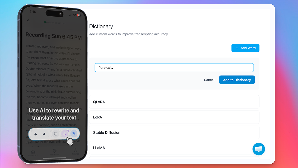 WriteVoice custom dictionary on iPhone and Mac