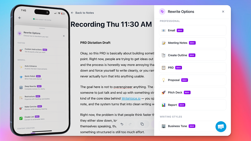 WriteVoice Rewrite Options transforming dictated text on iPhone and Mac